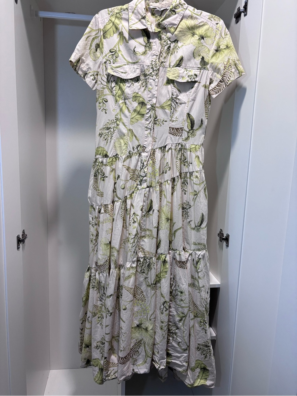 Zara 100% Cotton Maxi Dress Tiered Short Sleeves Pockets Green Botanical Print S